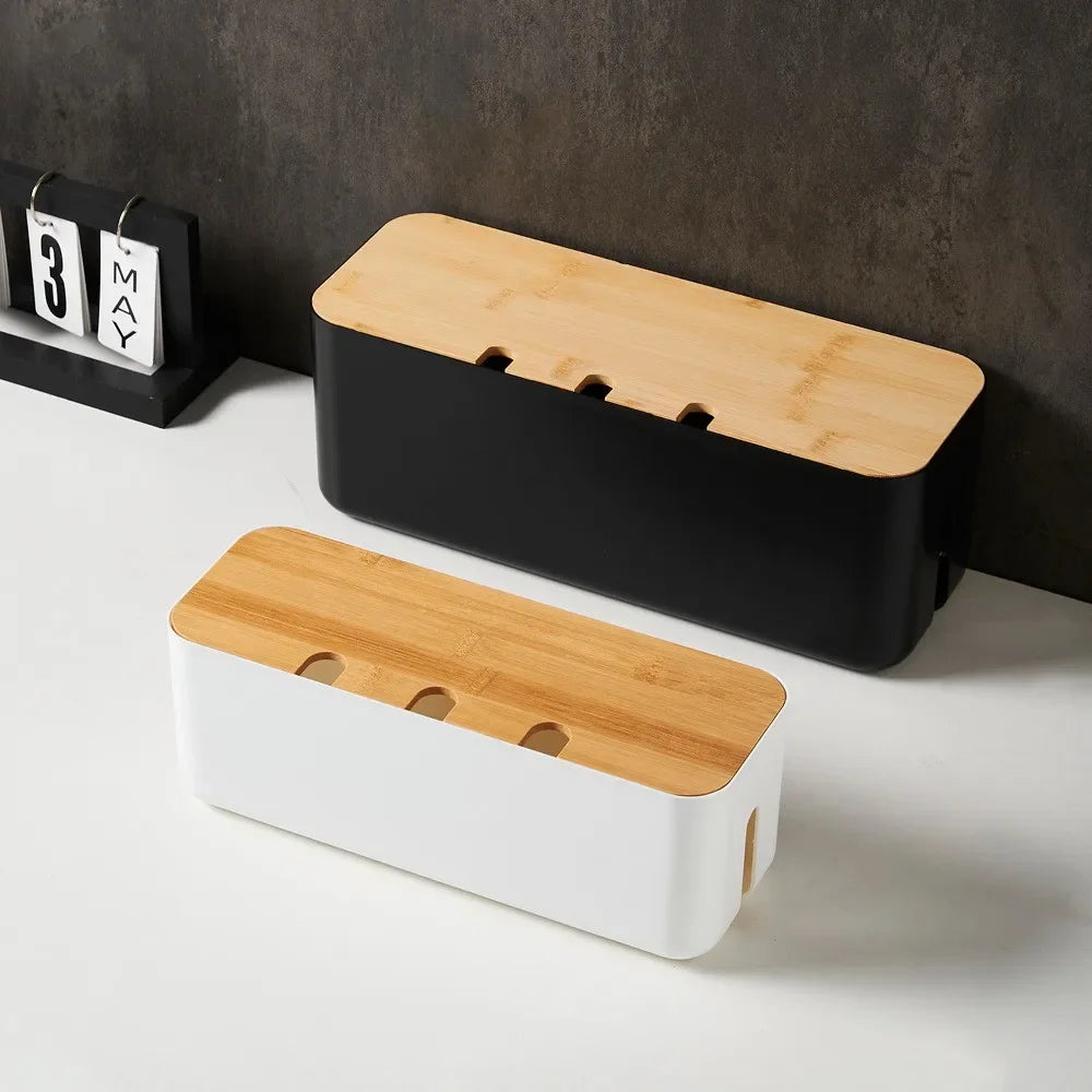 Elegant Bamboo Cable Management Box: Organize and Conceal Wires and Power Strips for a Clutter-Free Workspace