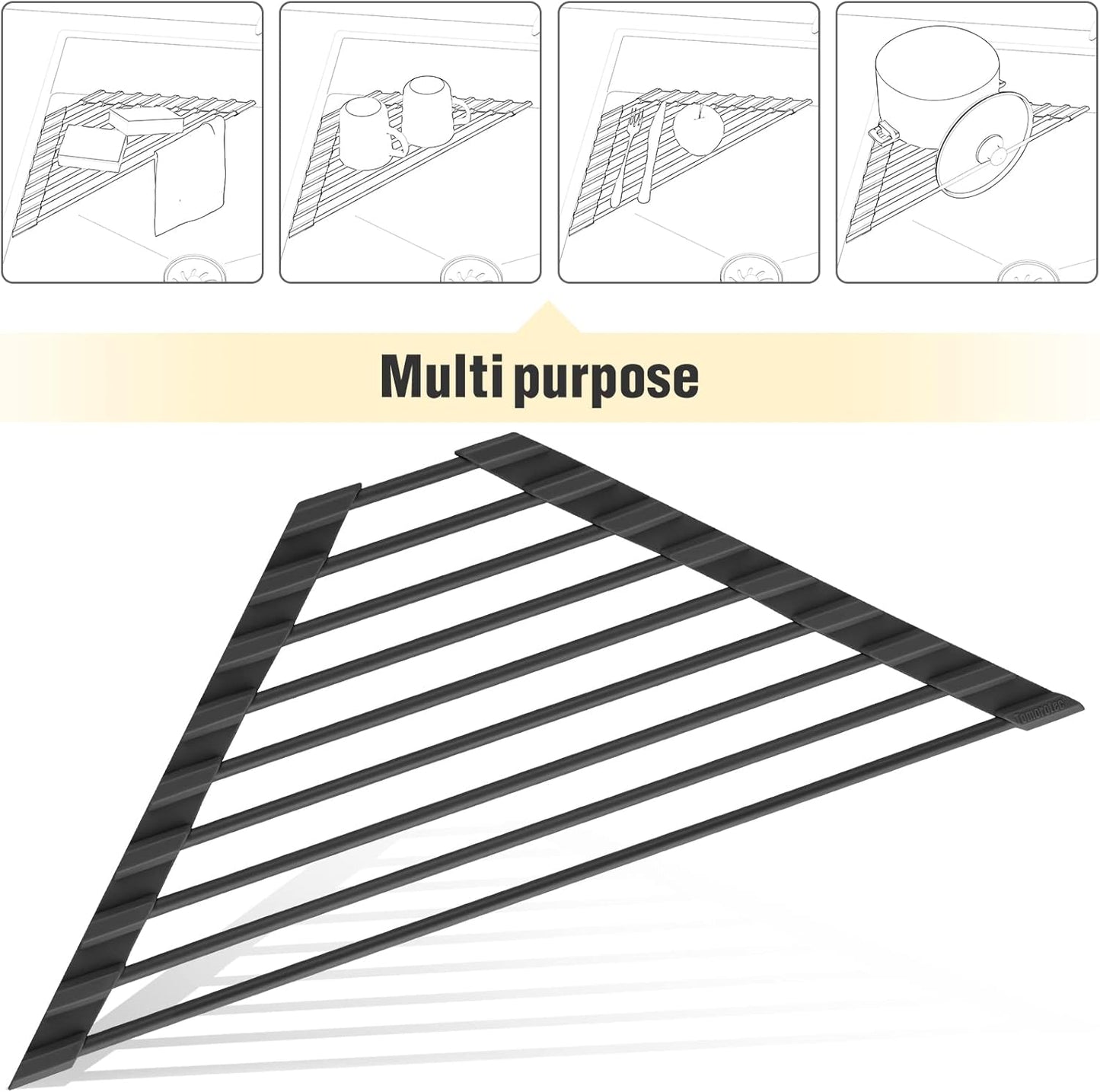 Innovative Small Triangle Roll-Up Dish Drying Rack with Silicone Coating and Durable Stainless Steel Frame for Efficient Over-The-Sink Storage and Organization (Black)