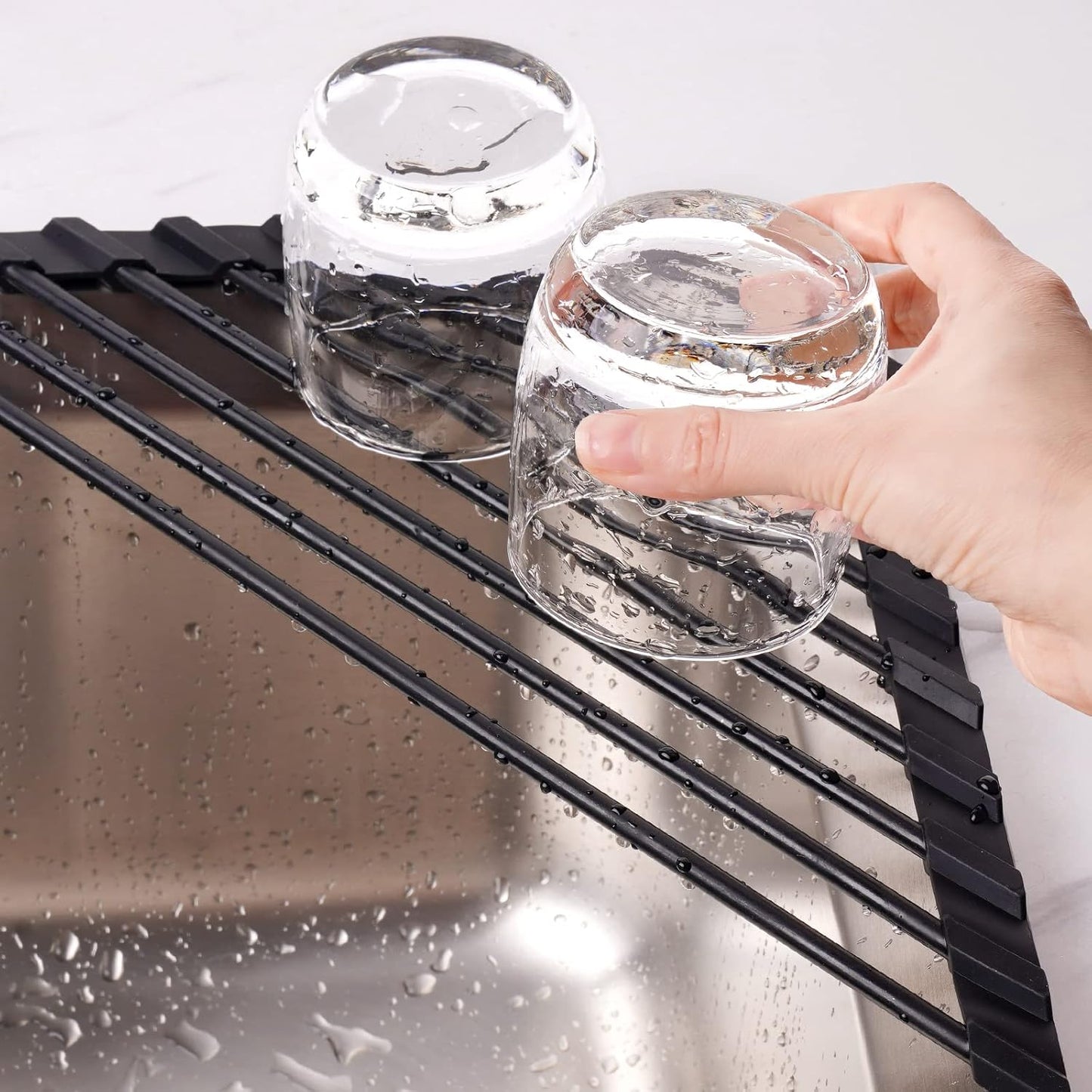 Innovative Small Triangle Roll-Up Dish Drying Rack with Silicone Coating and Durable Stainless Steel Frame for Efficient Over-The-Sink Storage and Organization (Black)