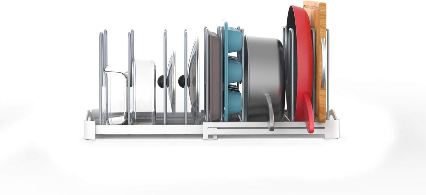 Adjustable Bakeware and Pot Lid Organizer Rack, Suitable for Cookware, Cake Molds, Cutting Boards, and Mats, Model GS02SS, Dimensions: 7.7'' Deep x 12.6'' to 21.5'' Wide