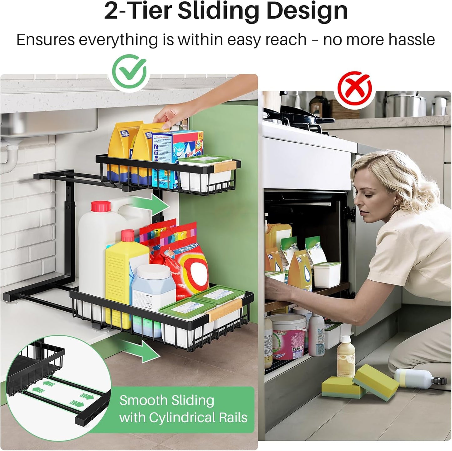 Premium Under Sink Organizer Set - 2 Tier Sliding Storage Solution for Kitchen and Bathroom Cabinets