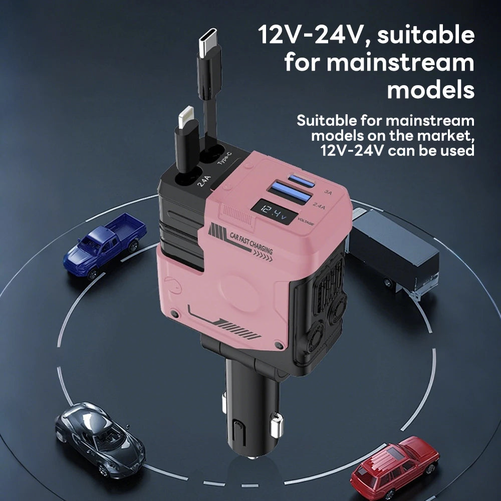 Ultimate 100W 4-in-1 Retractable Car Charger with USB PD Type C and iOS Cables for Fast and Efficient Charging