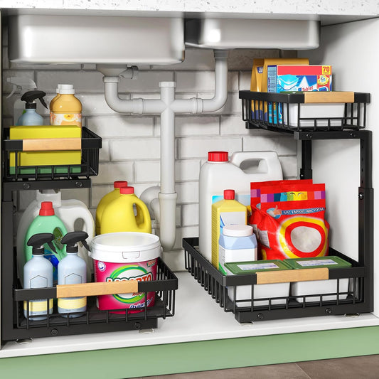 Premium Under Sink Organizer Set - 2 Tier Sliding Storage Solution for Kitchen and Bathroom Cabinets