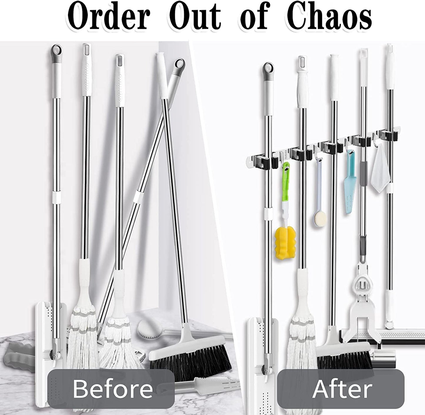 Premium Heavy-Duty Stainless Steel Wall-Mounted Broom Holder with 5 Holders and 4 Hooks for Efficient Mop and Brush Storage