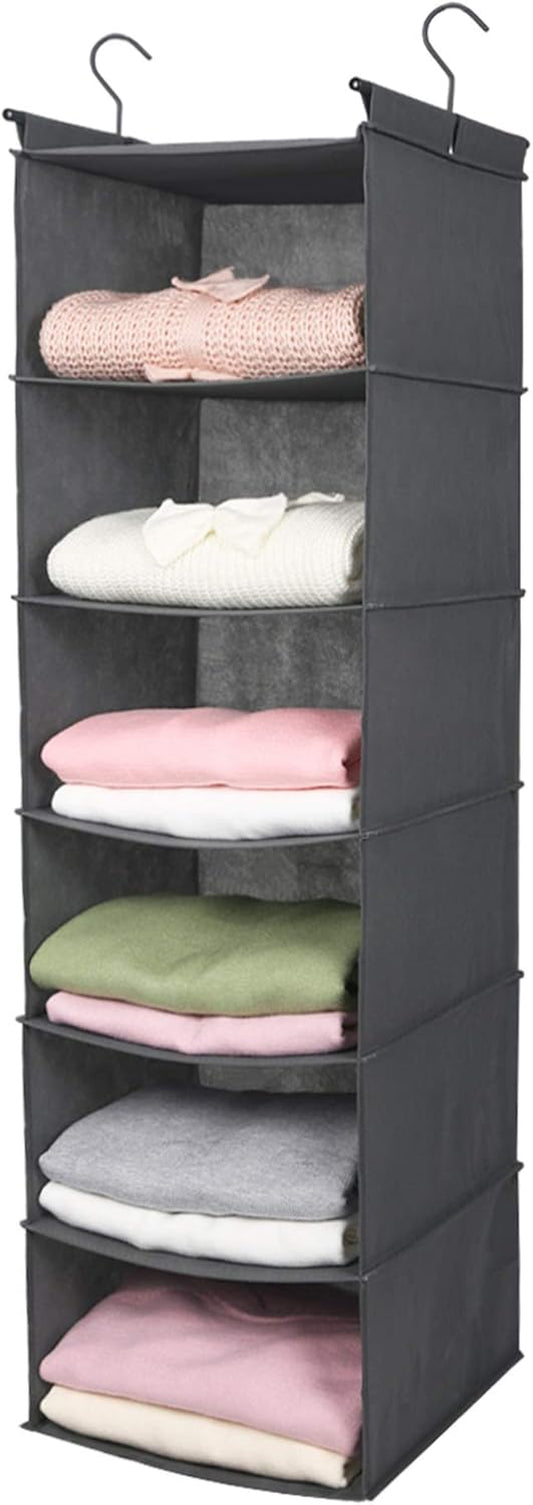 6-Tier Grey Hanging Closet Organizer with Durable Hooks and Foldable Design for Efficient Storage