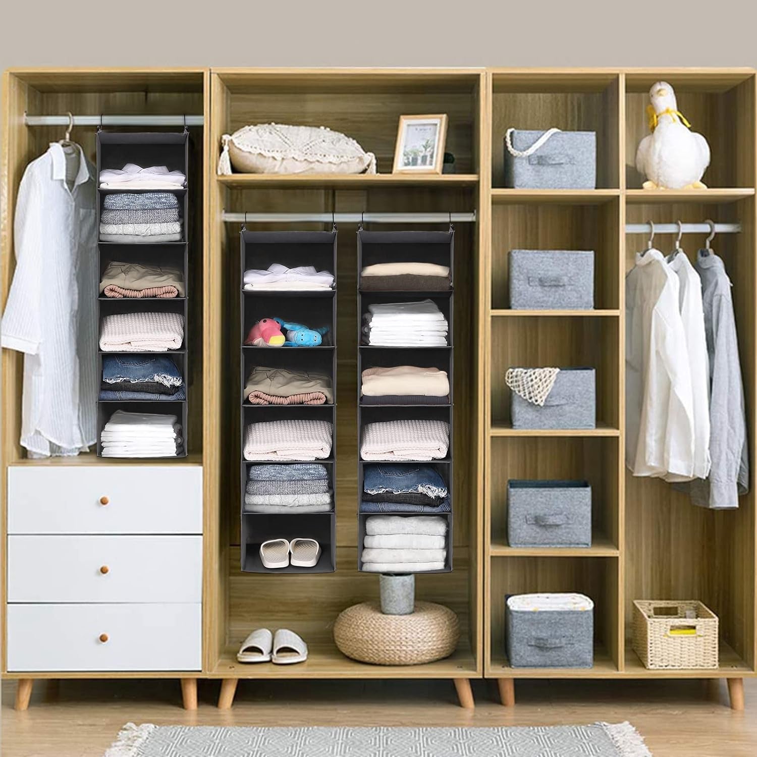 6-Tier Grey Hanging Closet Organizer with Durable Hooks and Foldable Design for Efficient Storage