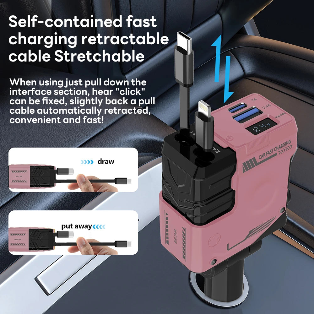 Ultimate 100W 4-in-1 Retractable Car Charger with USB PD Type C and iOS Cables for Fast and Efficient Charging