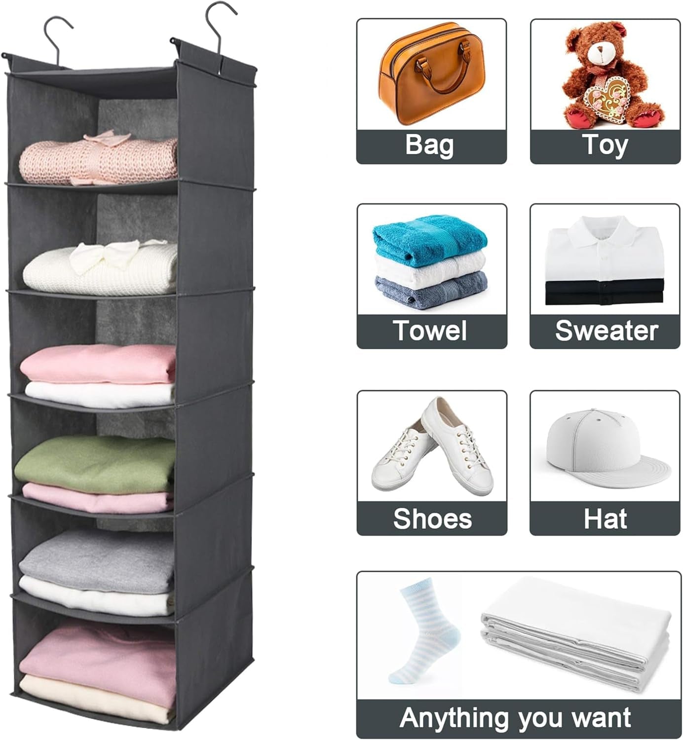 6-Tier Grey Hanging Closet Organizer with Durable Hooks and Foldable Design for Efficient Storage