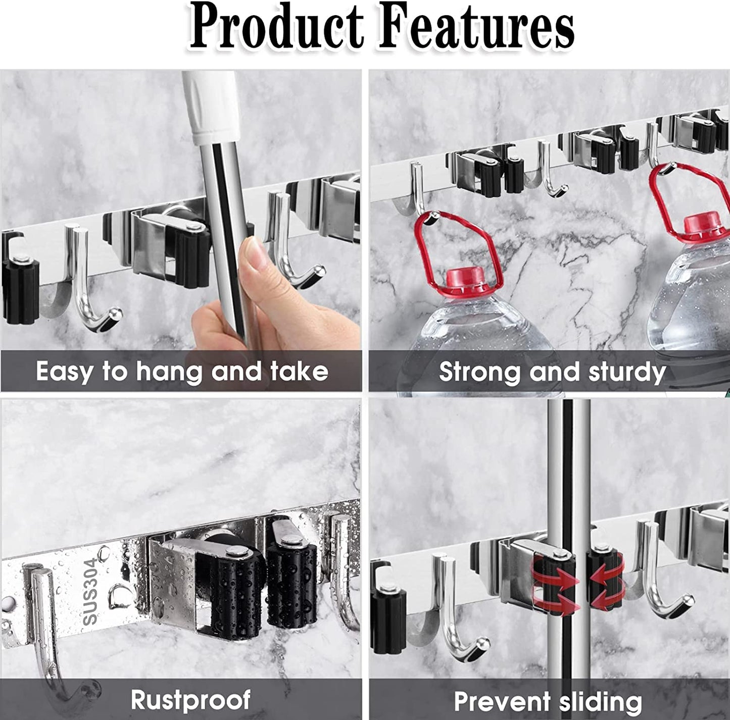 Premium Heavy-Duty Stainless Steel Wall-Mounted Broom Holder with 5 Holders and 4 Hooks for Efficient Mop and Brush Storage