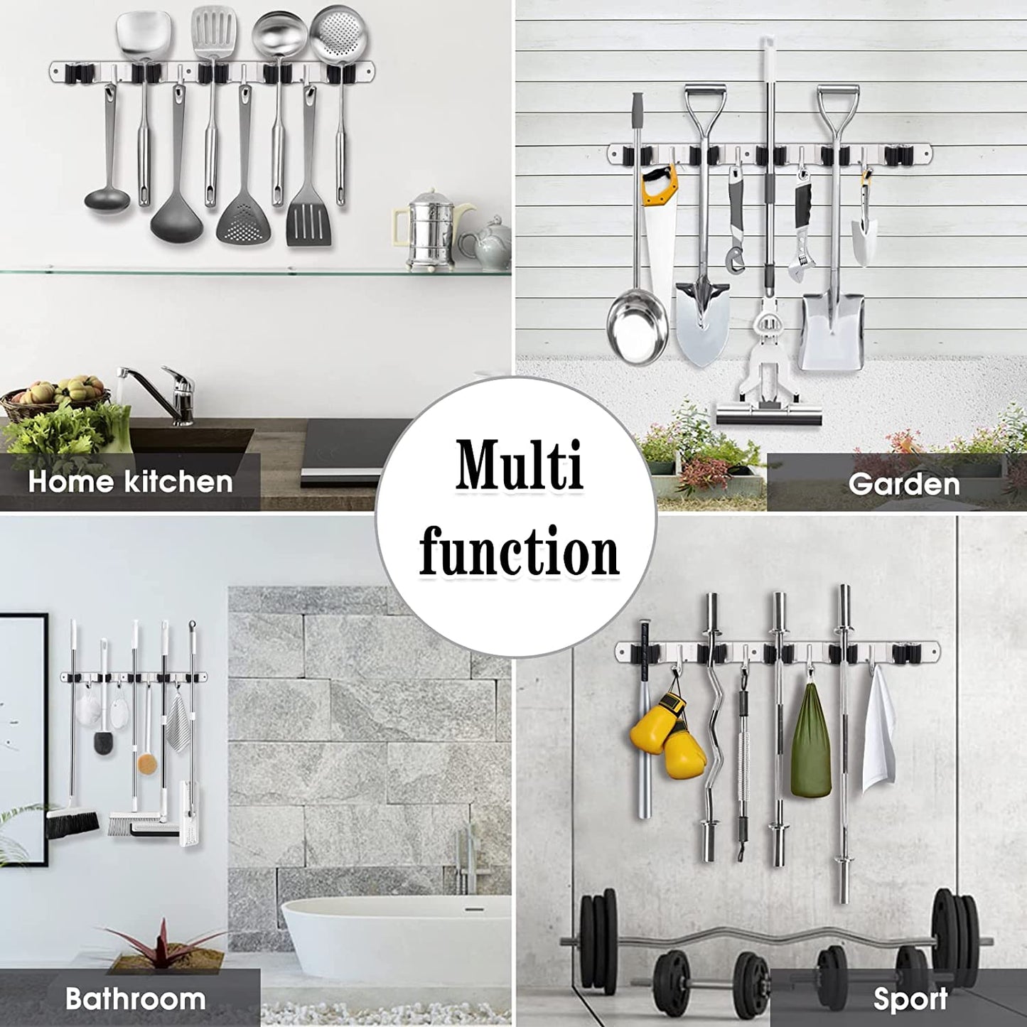 Premium Heavy-Duty Stainless Steel Wall-Mounted Broom Holder with 5 Holders and 4 Hooks for Efficient Mop and Brush Storage