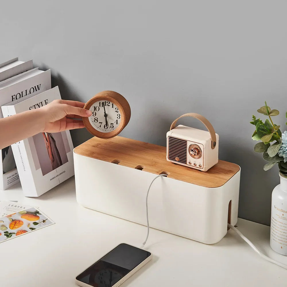 Elegant Bamboo Cable Management Box: Organize and Conceal Wires and Power Strips for a Clutter-Free Workspace