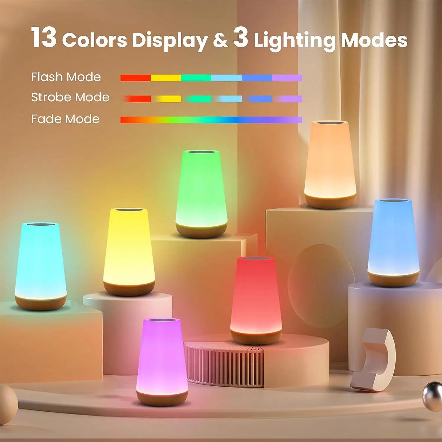 RGB Touch Control Table Lamp with Remote - 13 Color Changing Dimmable USB Rechargeable Night Light for Modern Living