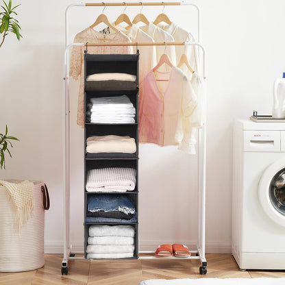 6-Tier Grey Hanging Closet Organizer with Durable Hooks and Foldable Design for Efficient Storage