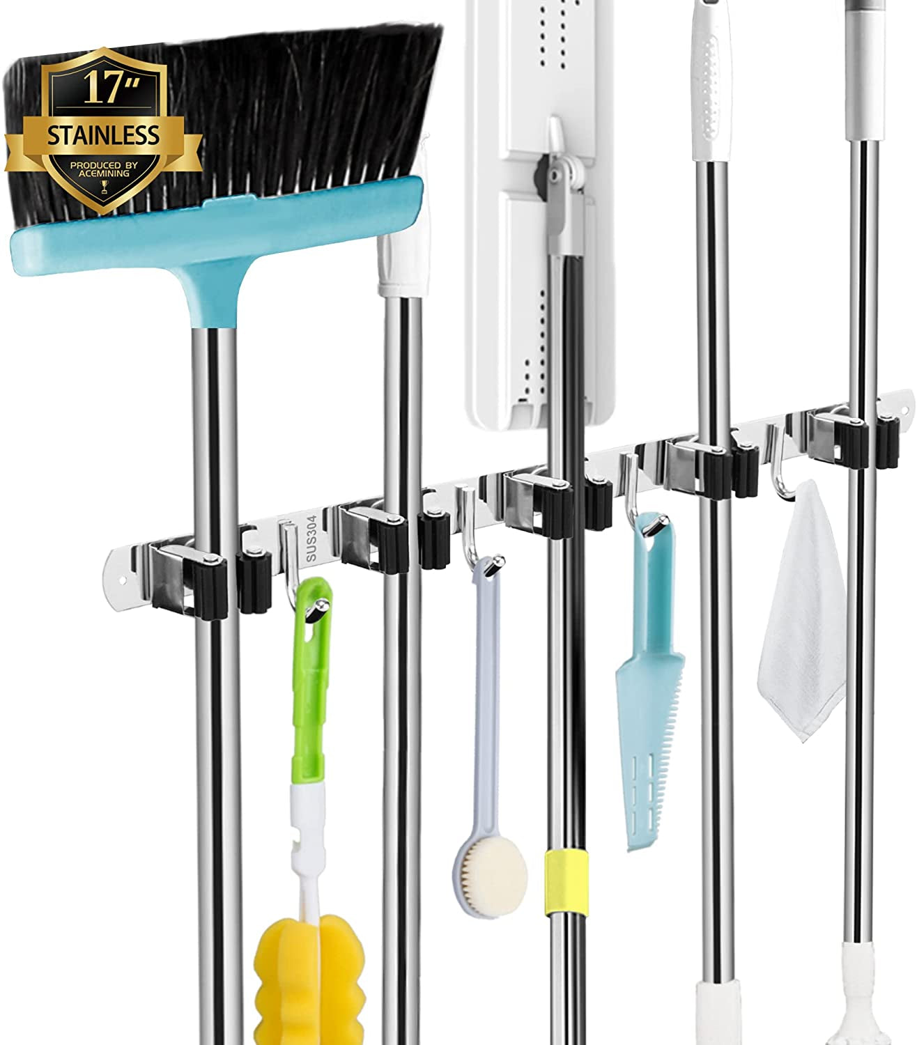 Premium Heavy-Duty Stainless Steel Wall-Mounted Broom Holder with 5 Holders and 4 Hooks for Efficient Mop and Brush Storage