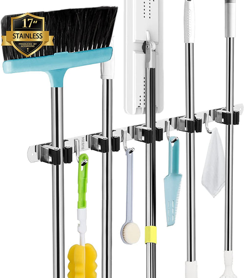 Premium Heavy-Duty Stainless Steel Wall-Mounted Broom Holder with 5 Holders and 4 Hooks for Efficient Mop and Brush Storage