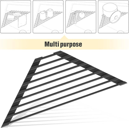 Innovative Small Triangle Roll-Up Dish Drying Rack with Silicone Coating and Durable Stainless Steel Frame for Efficient Over-The-Sink Storage and Organization (Black)