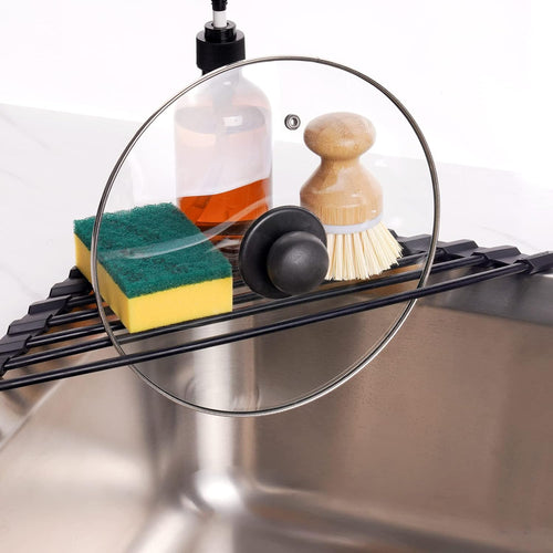Innovative Small Triangle Roll-Up Dish Drying Rack with Silicone Coating and Durable Stainless Steel Frame for Efficient Over-The-Sink Storage and Organization (Black)