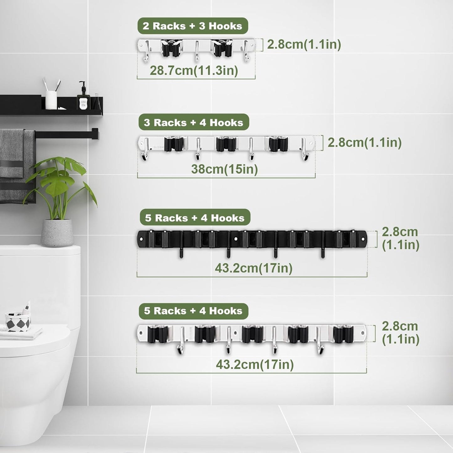 Premium Heavy-Duty Stainless Steel Wall-Mounted Broom Holder with 5 Holders and 4 Hooks for Efficient Mop and Brush Storage
