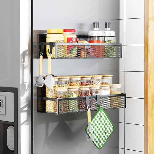Magnetic Spice Rack Set - 2 Pack with Moveable Hooks for Efficient Kitchen Organization and Storage