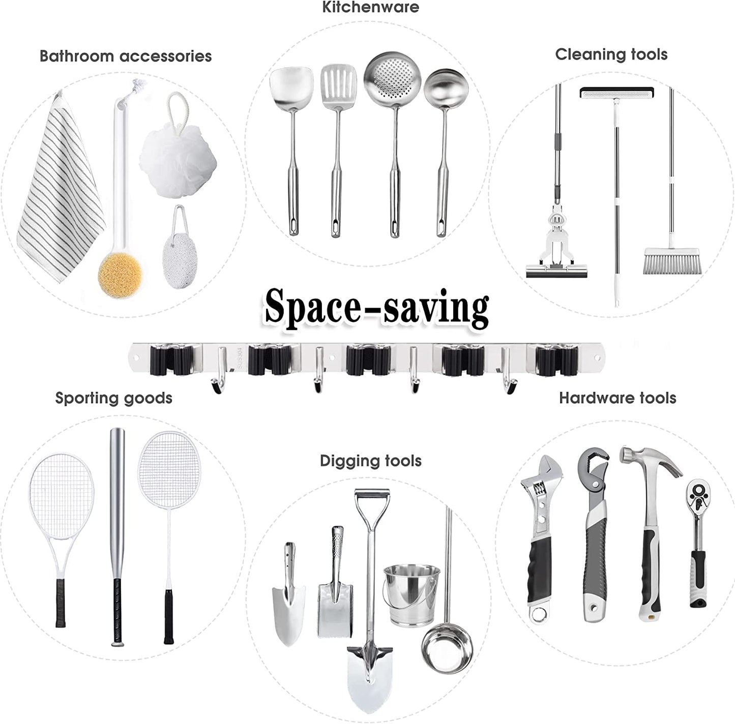 Premium Heavy-Duty Stainless Steel Wall-Mounted Broom Holder with 5 Holders and 4 Hooks for Efficient Mop and Brush Storage