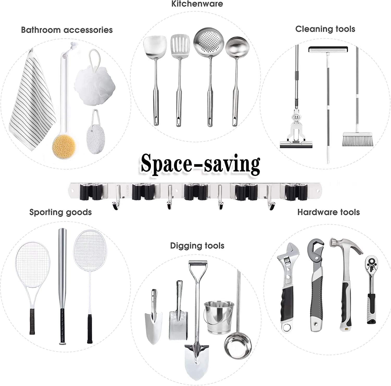 Premium Heavy-Duty Stainless Steel Wall-Mounted Broom Holder with 5 Holders and 4 Hooks for Efficient Mop and Brush Storage
