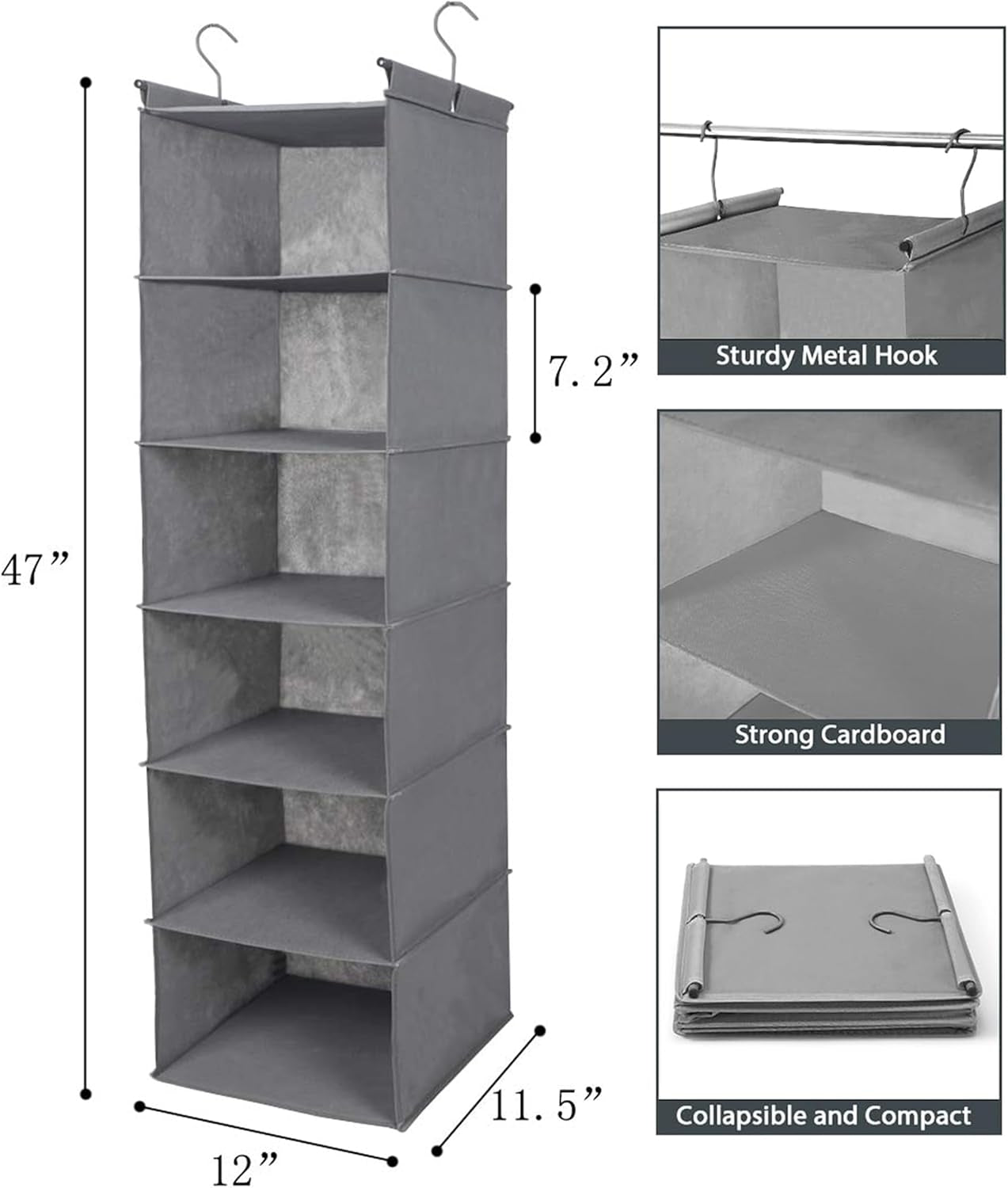 6-Tier Grey Hanging Closet Organizer with Durable Hooks and Foldable Design for Efficient Storage