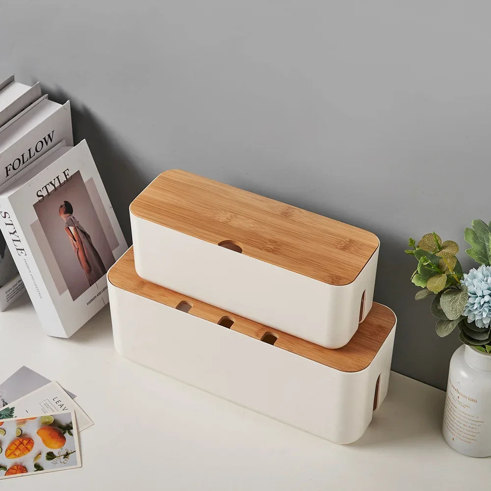 Elegant Bamboo Cable Management Box: Organize and Conceal Wires and Power Strips for a Clutter-Free Workspace