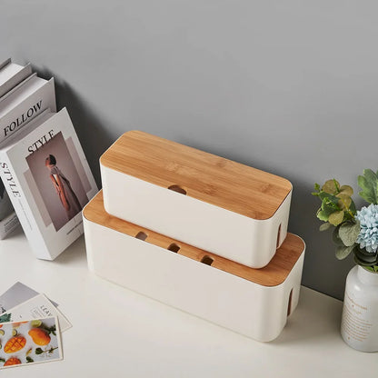 Elegant Bamboo Cable Management Box: Organize and Conceal Wires and Power Strips for a Clutter-Free Workspace