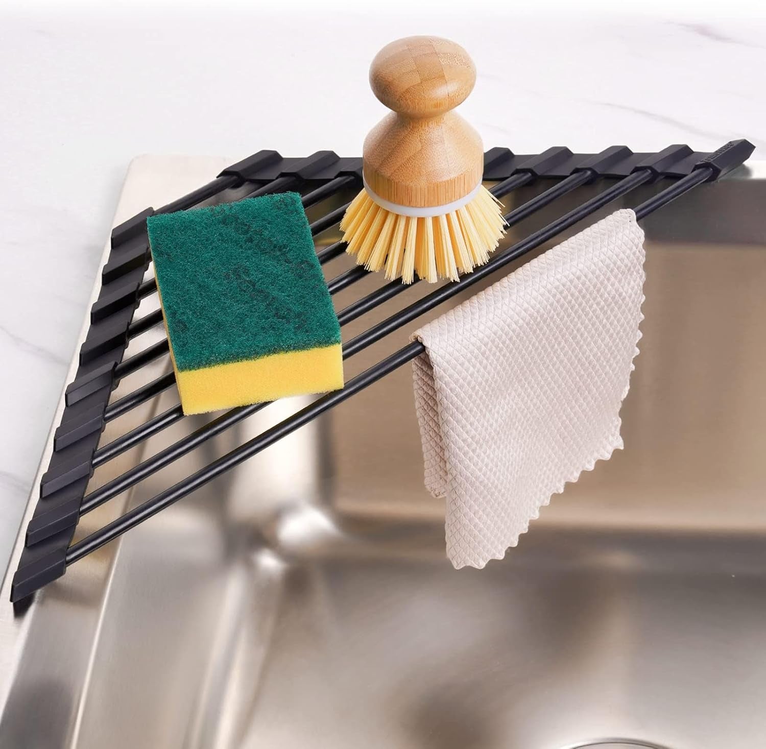 Innovative Small Triangle Roll-Up Dish Drying Rack with Silicone Coating and Durable Stainless Steel Frame for Efficient Over-The-Sink Storage and Organization (Black)