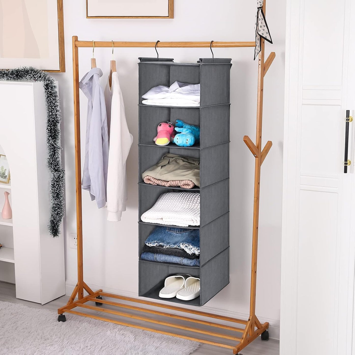 6-Tier Grey Hanging Closet Organizer with Durable Hooks and Foldable Design for Efficient Storage
