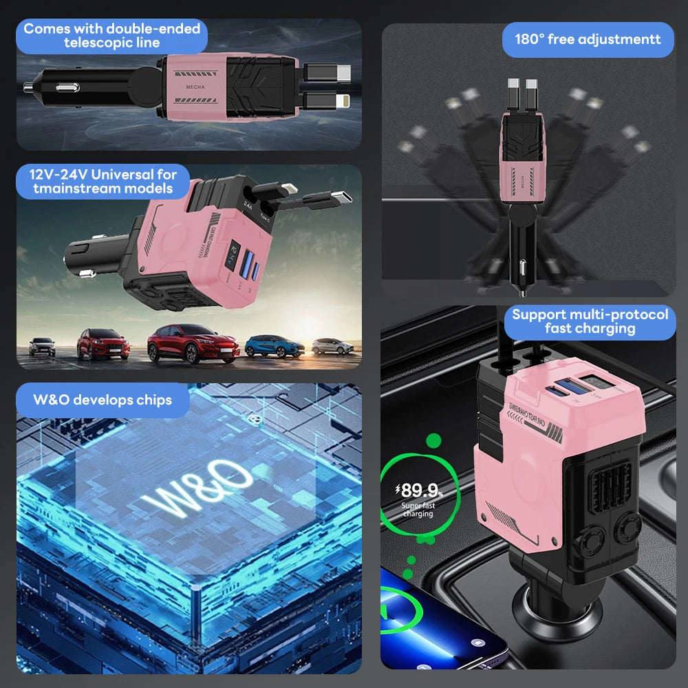 Ultimate 100W 4-in-1 Retractable Car Charger with USB PD Type C and iOS Cables for Fast and Efficient Charging