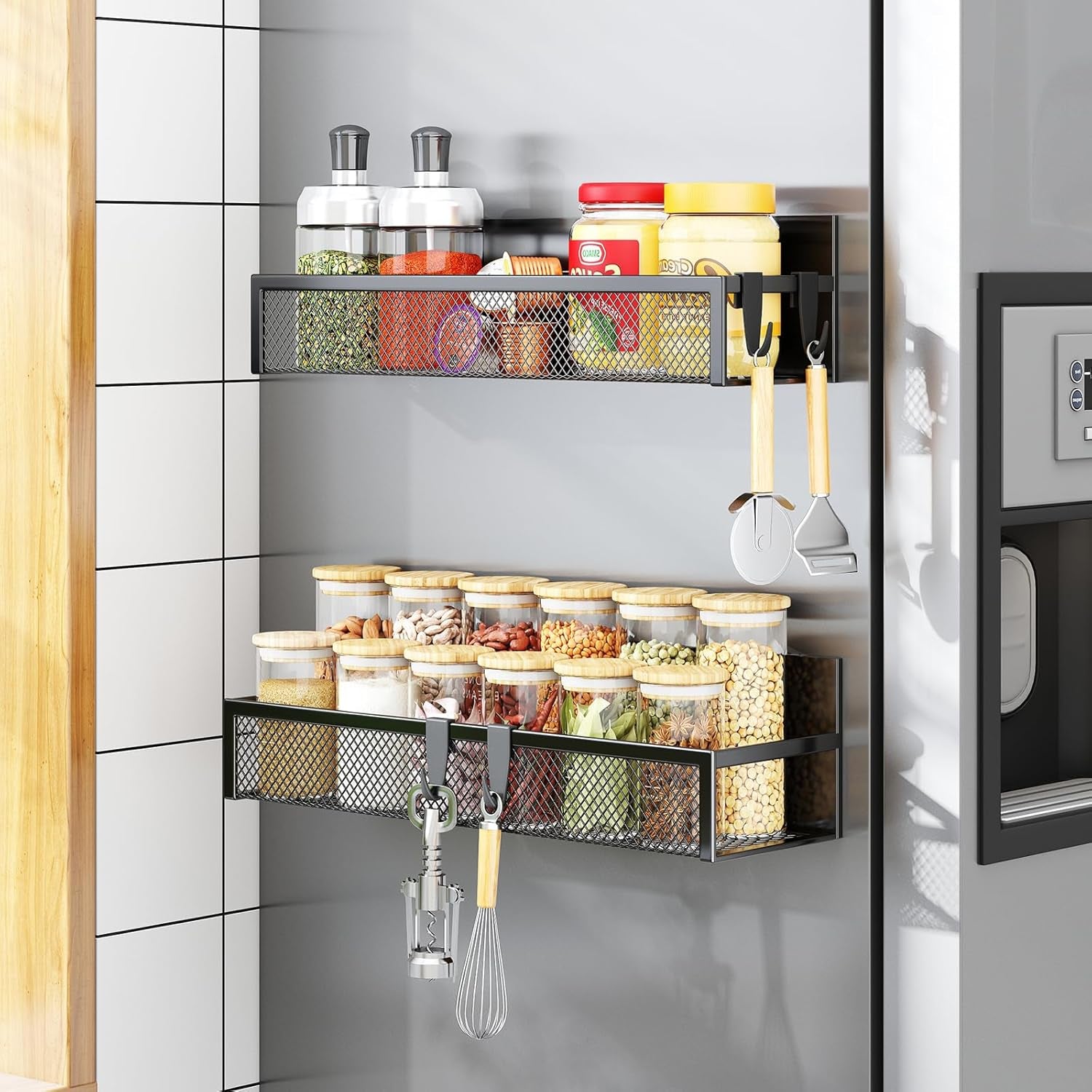 Magnetic Spice Rack Set - 2 Pack with Moveable Hooks for Efficient Kitchen Organization and Storage