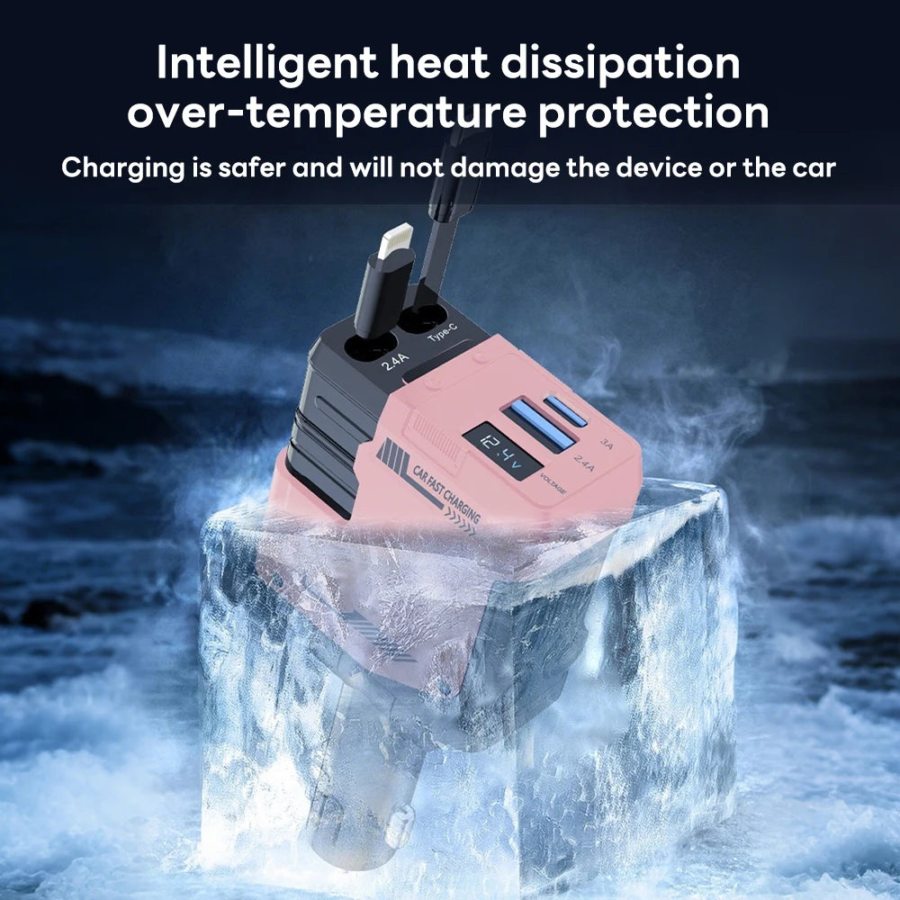 Ultimate 100W 4-in-1 Retractable Car Charger with USB PD Type C and iOS Cables for Fast and Efficient Charging