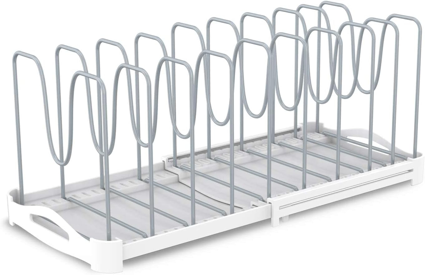 Adjustable Bakeware and Pot Lid Organizer Rack, Suitable for Cookware, Cake Molds, Cutting Boards, and Mats, Model GS02SS, Dimensions: 7.7'' Deep x 12.6'' to 21.5'' Wide