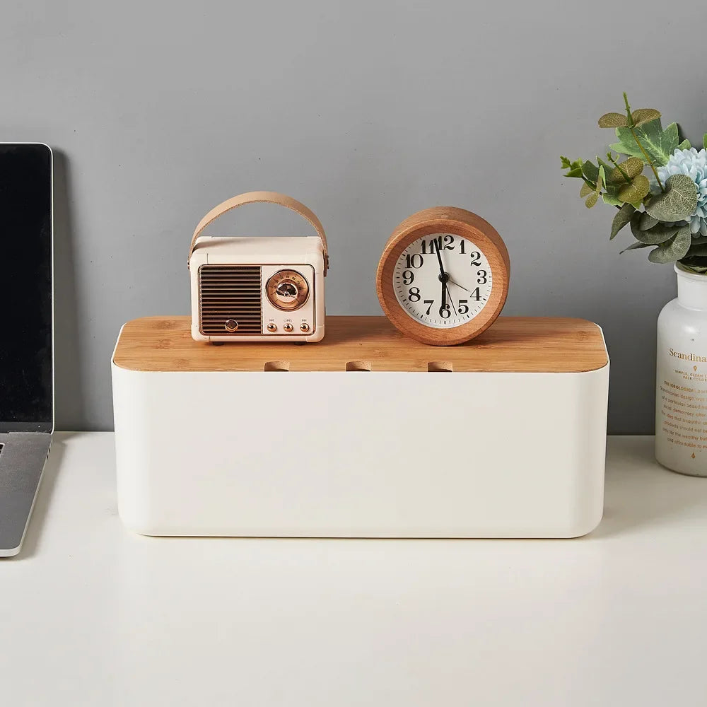 Elegant Bamboo Cable Management Box: Organize and Conceal Wires and Power Strips for a Clutter-Free Workspace