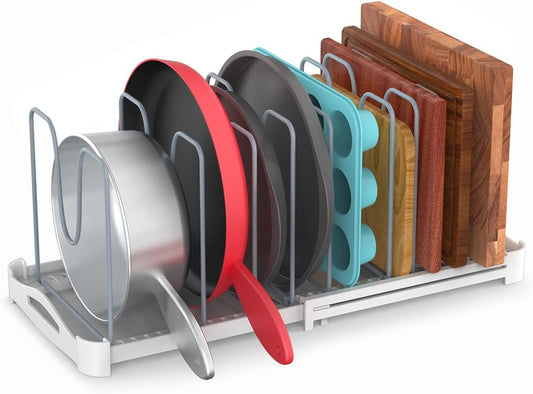 Adjustable Bakeware and Pot Lid Organizer Rack, Suitable for Cookware, Cake Molds, Cutting Boards, and Mats, Model GS02SS, Dimensions: 7.7'' Deep x 12.6'' to 21.5'' Wide