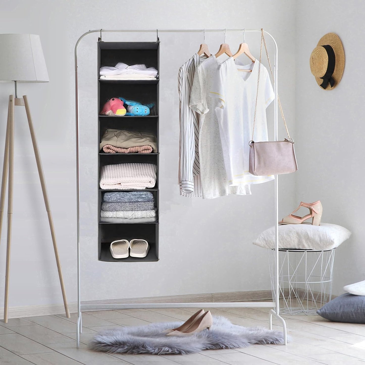 6-Tier Grey Hanging Closet Organizer with Durable Hooks and Foldable Design for Efficient Storage