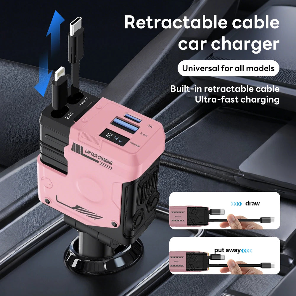 Ultimate 100W 4-in-1 Retractable Car Charger with USB PD Type C and iOS Cables for Fast and Efficient Charging