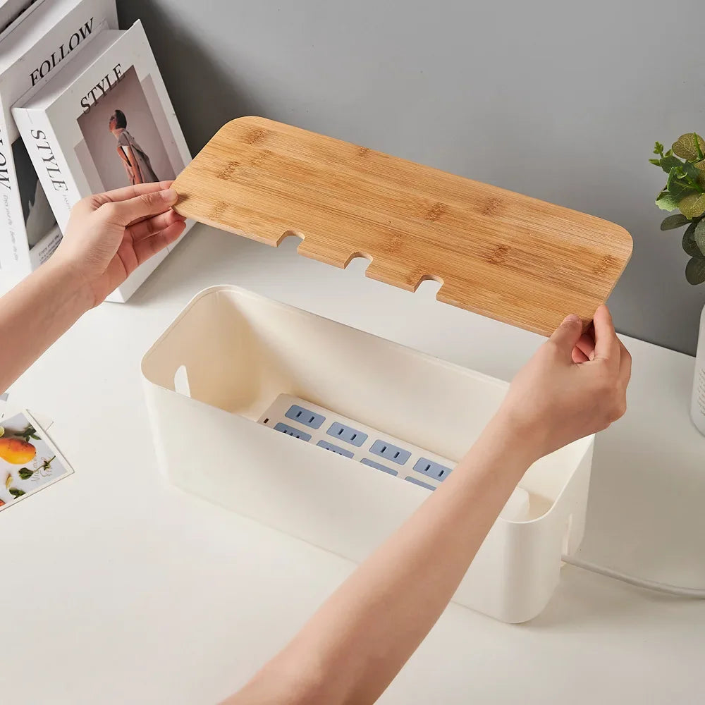 Elegant Bamboo Cable Management Box: Organize and Conceal Wires and Power Strips for a Clutter-Free Workspace