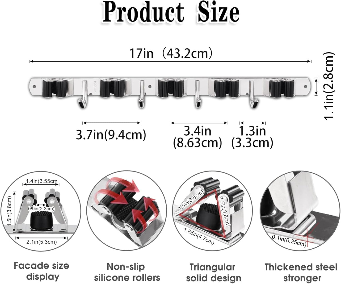 Premium Heavy-Duty Stainless Steel Wall-Mounted Broom Holder with 5 Holders and 4 Hooks for Efficient Mop and Brush Storage