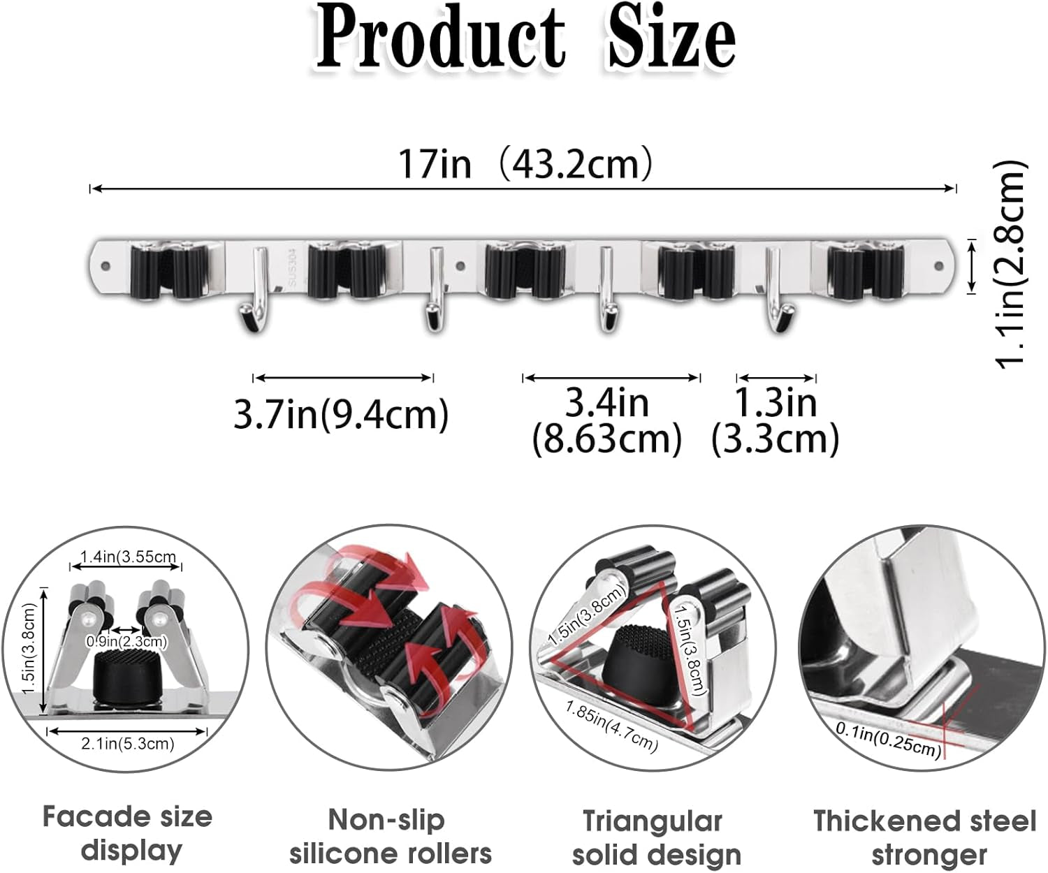 Premium Heavy-Duty Stainless Steel Wall-Mounted Broom Holder with 5 Holders and 4 Hooks for Efficient Mop and Brush Storage