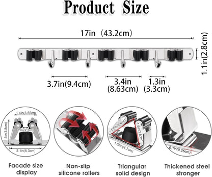 Premium Heavy-Duty Stainless Steel Wall-Mounted Broom Holder with 5 Holders and 4 Hooks for Efficient Mop and Brush Storage