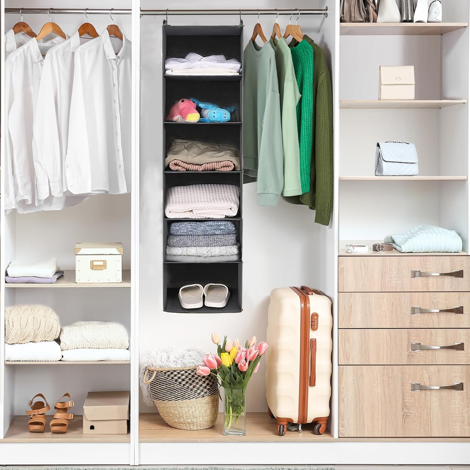 6-Tier Grey Hanging Closet Organizer with Durable Hooks and Foldable Design for Efficient Storage