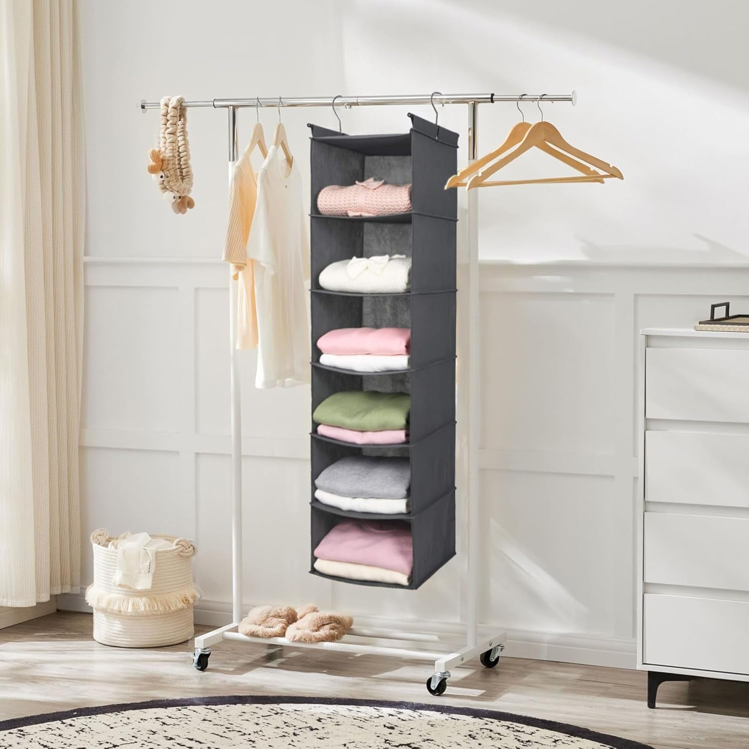 6-Tier Grey Hanging Closet Organizer with Durable Hooks and Foldable Design for Efficient Storage