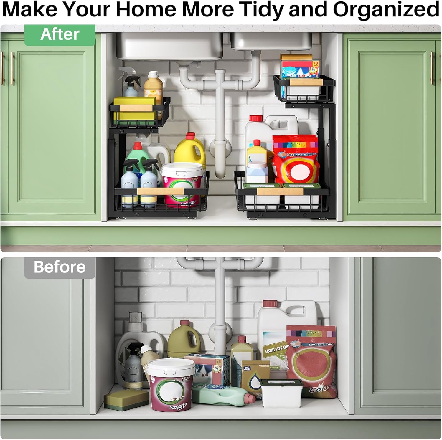 Premium Under Sink Organizer Set - 2 Tier Sliding Storage Solution for Kitchen and Bathroom Cabinets
