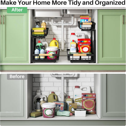 Premium Under Sink Organizer Set - 2 Tier Sliding Storage Solution for Kitchen and Bathroom Cabinets